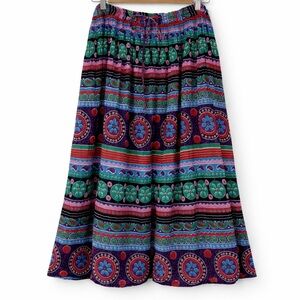 Frantik Midi Skirt with Multicolor Boho Print - Green/Purple/Pink Medium